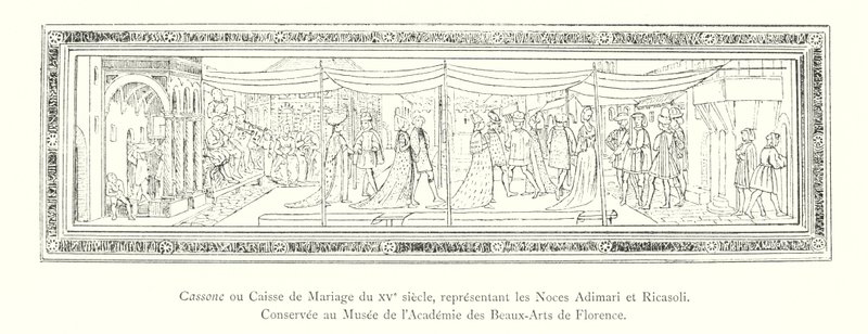 15 世纪 Cassone 或 Marriage Box，代表 Adimari 和 Ricasoli 的婚姻，保存在佛罗伦萨美术学院博物馆（雕刻） 作者 意大利学校