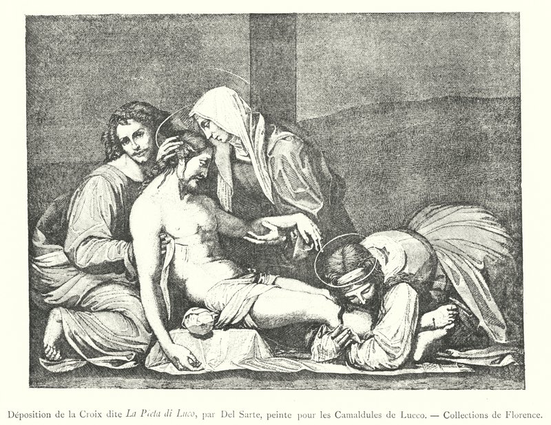 被称为 La Pieta di Luco 的十字架的沉积，由 Del Sarte，由 Lucco 为 Camaldolese 绘制，佛罗伦萨收藏（雕刻） 作者 意大利学校