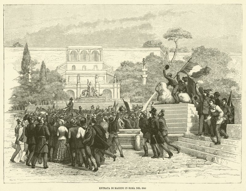 马志尼于1849年进入罗马（雕刻）。 作者 意大利学校