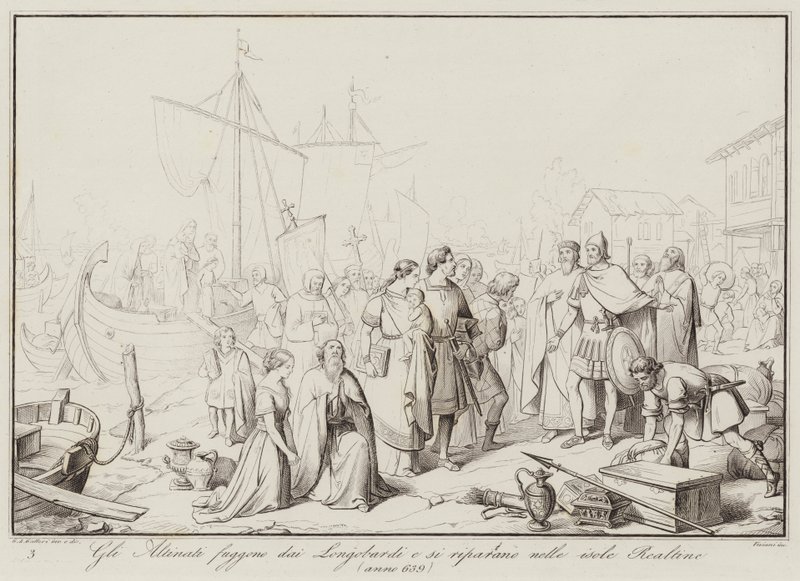 Gli Altinati fuggono dai Longobardi e si riparano nelle isole Realtine, 639 (engraving) 作者 意大利学校