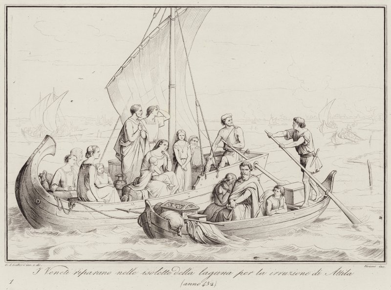 I Veneti riparano nelle isolette della laguna per la irruzione di Attila, 452 (engraving) 作者 意大利学校
