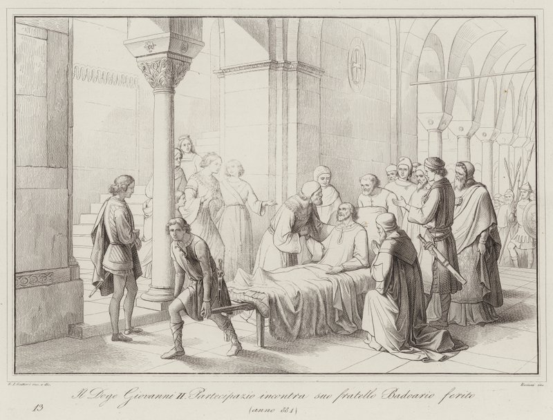 Il Doge Giovanni II Partecipazio incontra suo fratello Badoario ferito, 884 (engraving) 作者 意大利学校