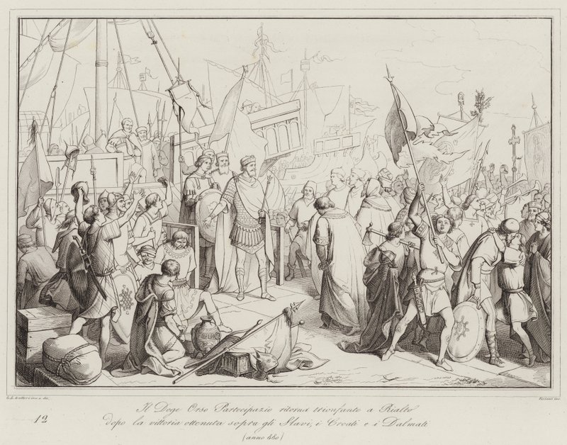 Il Doge Orso Partecipazio ritorna trionfante a Rialto dopo la vittoria ottenuta sopra gli Slavi  (engraving) 作者 意大利学校