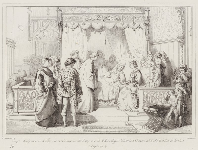 Jacopo Lusignano 塞浦路斯国王，垂死，推荐王国和他的妻子 Caterina Cornaro ...（雕刻） 作者 意大利学校