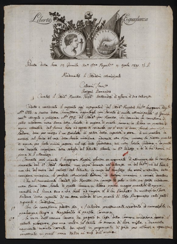 Letter in Italian, with a depiction of the head of Brutus the younger, a burning hand representing Gaius Mucius Scaevola, and the motto of the French Revolution 作者 意大利学校