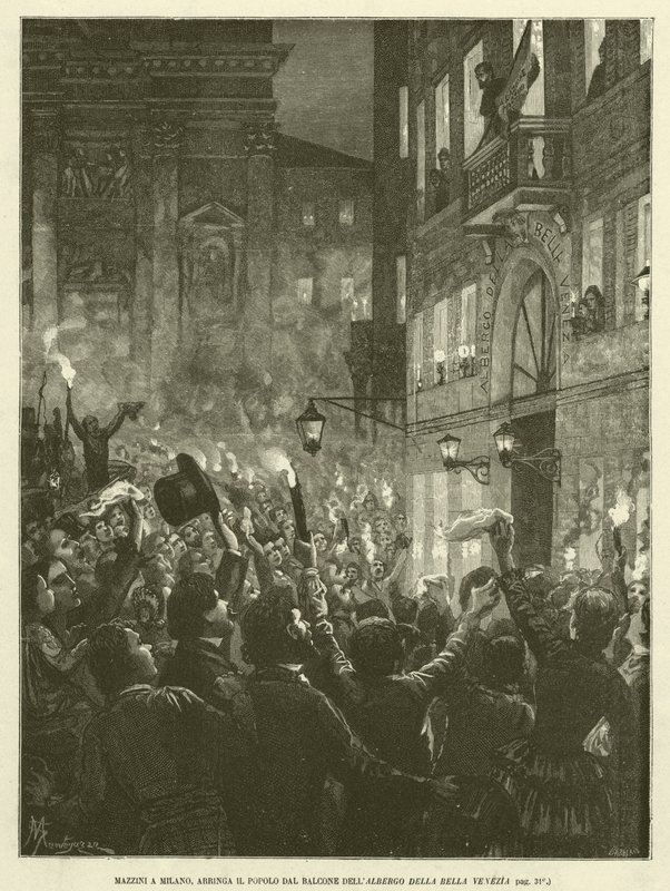 米兰的马志尼，来自 Albergo Della Bella Venezia 阳台的海斯人（版画） 作者 意大利学校