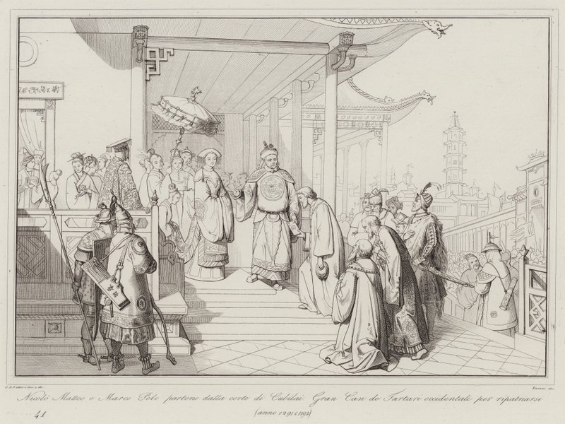 Nicolo Matteo 和 Marco Polo 离开 Cubilai Gran Can de Western Tartars 的宫廷回国 作者 意大利学校