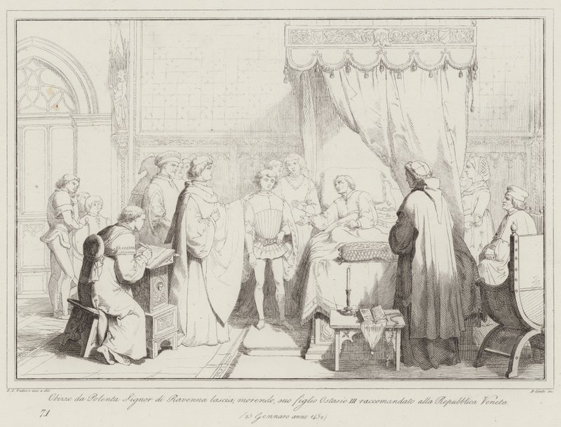 Obizzo da Polenta Signor di Ravenna 叶子垂死，他的儿子 Ostasio III 建议...（雕刻） 作者 意大利学校