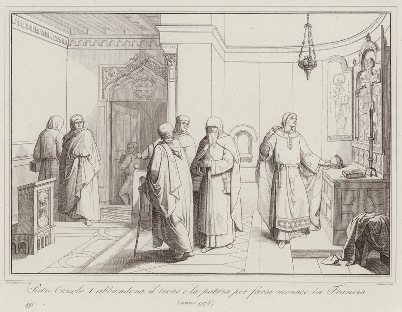 Pietro Orseolo I abbandona il trono e la patria per farsi monaco in Francia, 978 (engraving) 作者 意大利学校