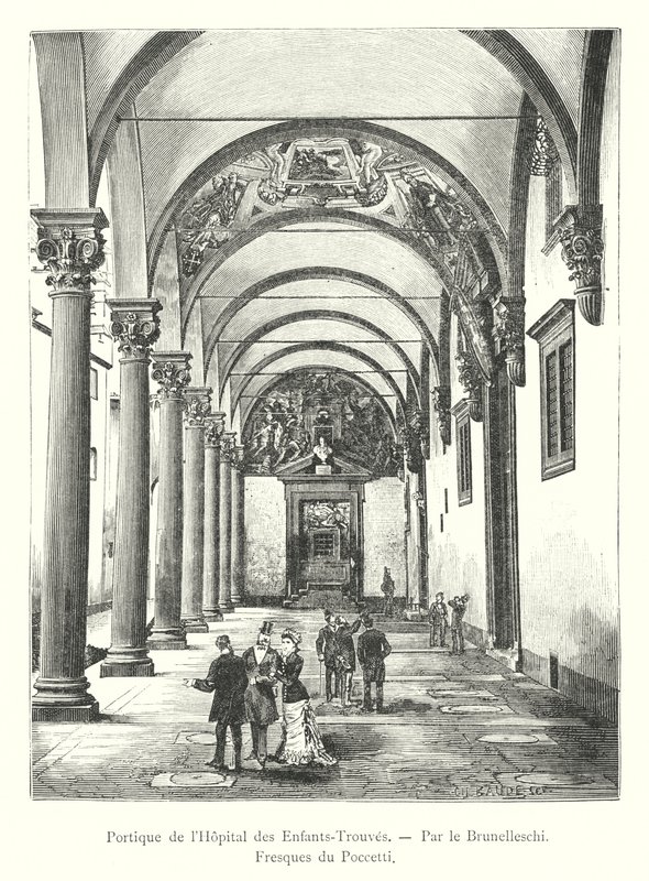 Hôpital des Enfants-Trouves 的门廊，Brunelleschi 着，Poccetti 的壁画（雕刻） 作者 意大利学校