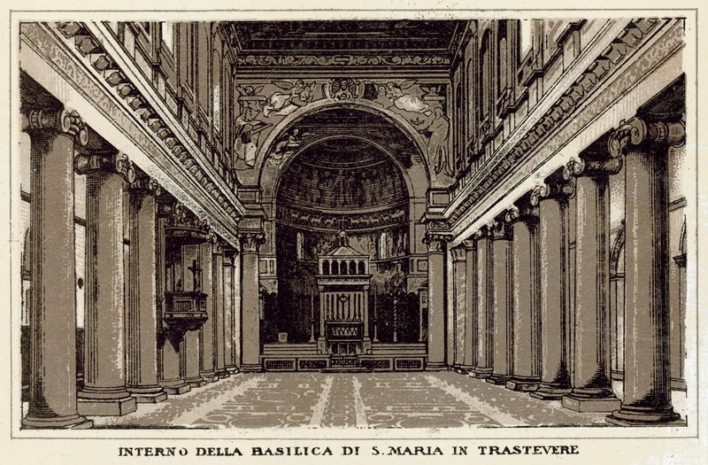 罗马：Trastevere 圣母玛利亚大教堂的内部（石版画） 作者 意大利学校