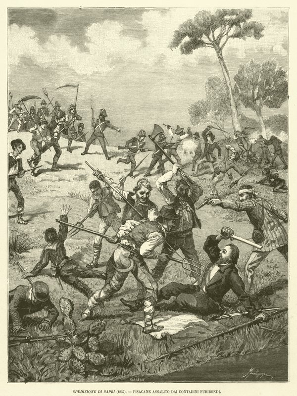 萨普里远征（1857 年），皮萨卡内被愤怒的农民袭击（版画） 作者 意大利学校