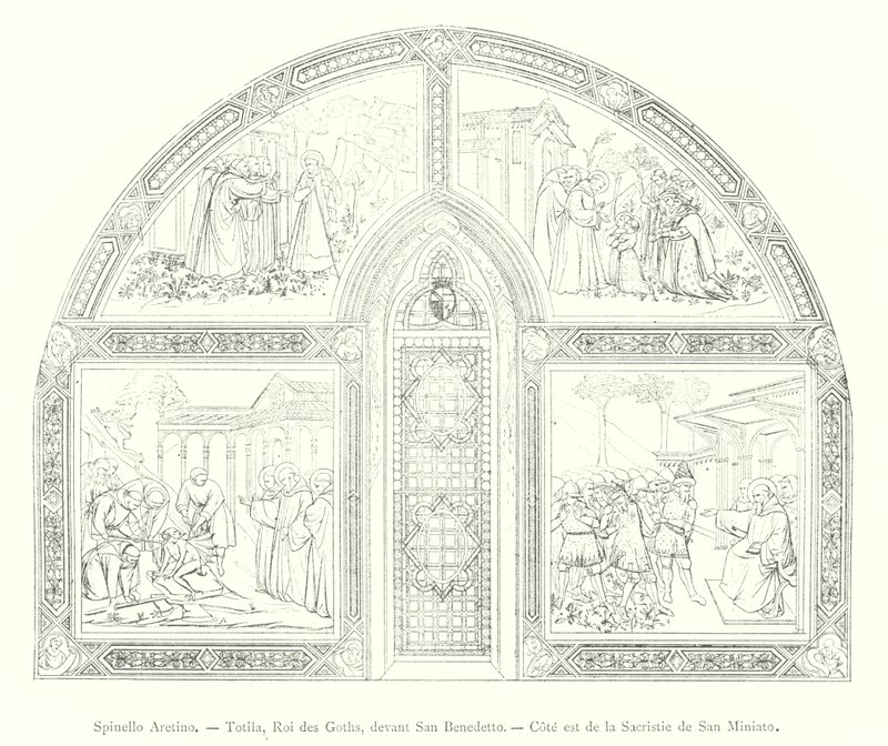 Spinello Aretino, Totila, Roi des Goths, devant San Benedetto, Cote est de la Sacristie de San Miniato（雕刻）。 作者 意大利学校