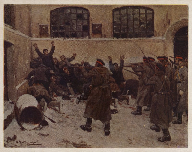 1905 年革命期间，俄罗斯士兵在莫斯科普列斯尼亚区射杀示威者（彩色平版印刷） 作者 伊万·阿列克谢耶维奇（后）弗拉基米罗夫