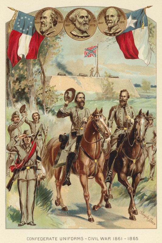 邦联制服，内战 1861-1865（彩色石版画） 作者 J.（之后）尖塔·戴维斯（Steeple Davis）