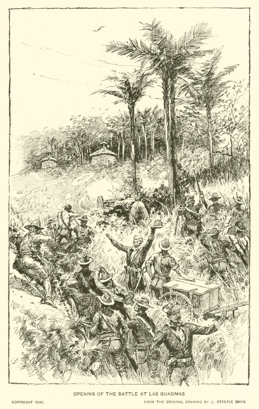 Opening of the Battle at Las Guasimas (litho) 作者 J.（之后）尖塔·戴维斯（Steeple Davis）