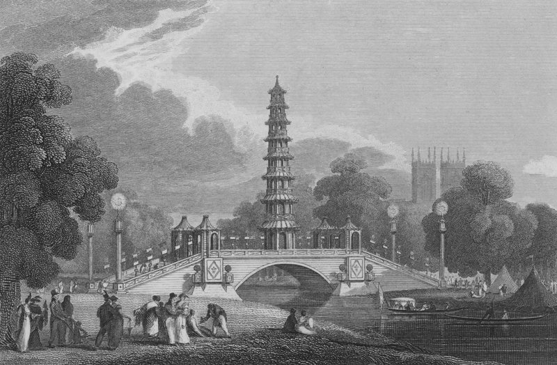 中国塔和桥，位于米德尔塞克斯的圣詹姆斯公园，1814年8月1日的样子（雕刻）。 作者 约翰·普雷斯顿·尼尔