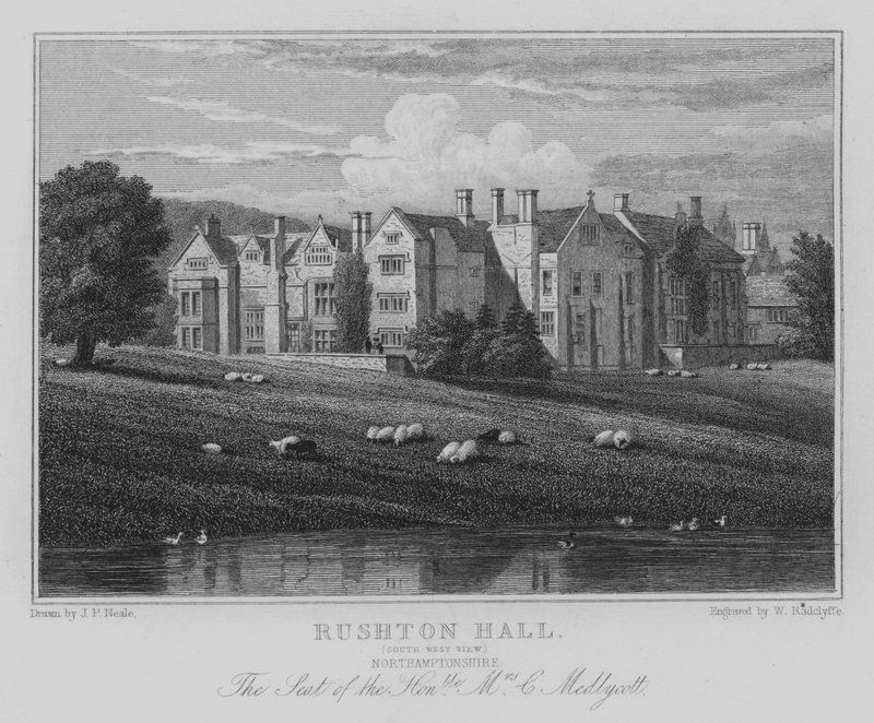 Rushton Hall, South West View, Northamptonshire, C Medlycott 夫人的座位（雕刻） 作者 约翰·普雷斯顿·尼尔