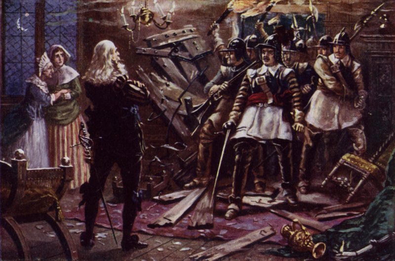 奥利弗-克伦威尔（Oliver Cromwell）的议会士兵闯入查理一世国王支持者的住宅（彩色石版画 作者 威廉姆森