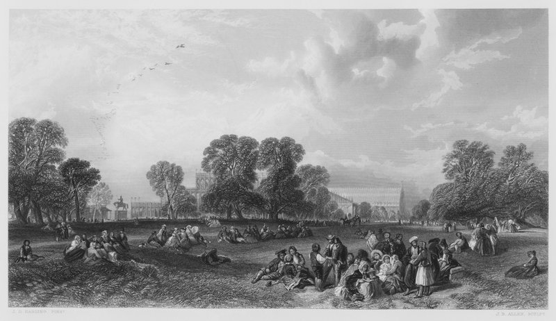 1851 年的海德公园，来自皇家收藏中的图片（雕刻） 作者 詹姆斯·杜菲尔德·哈丁