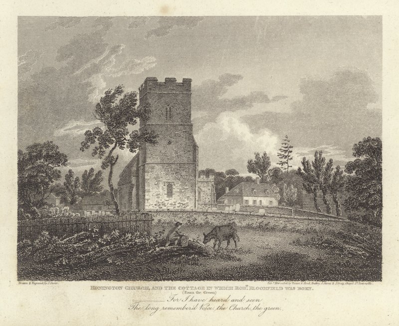 Robert Bloomfield, poet: Honington Church, and the Cottage in which Robert Bloomfield was born (engraving) 作者 詹姆斯·斯托勒