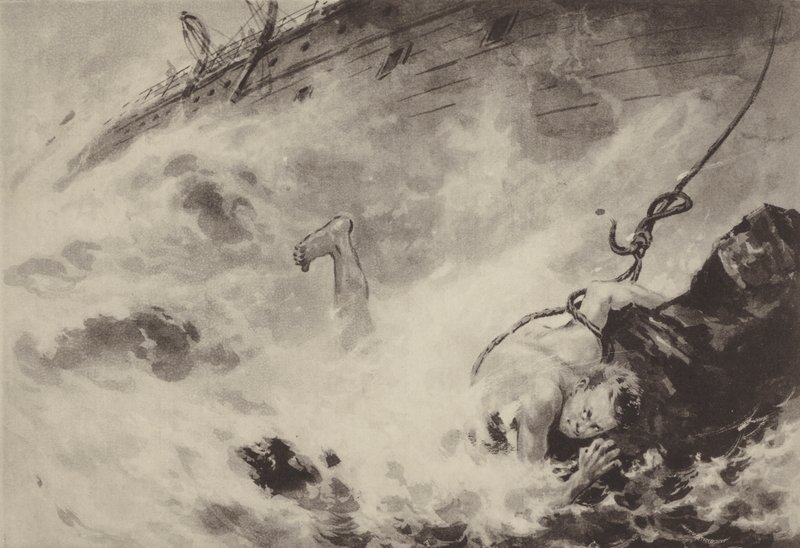 一名日本水手在海难中用绳索上岸（石版画） 作者 日本学校