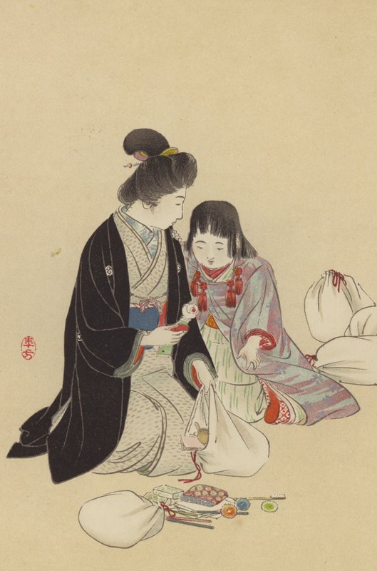 一位母亲和她的女儿在整理要送往前线的礼物（彩虹石版画） 作者 日本学校