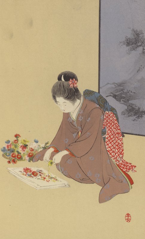 玩菊花的小女孩（彩色石雕） 作者 日本学校