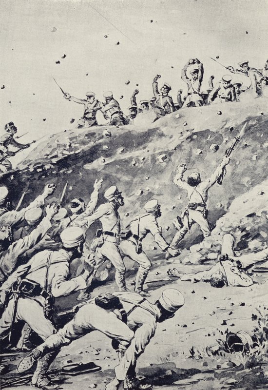 俄罗斯士兵从托山阵地投掷石块（石版画） 作者 日本学校