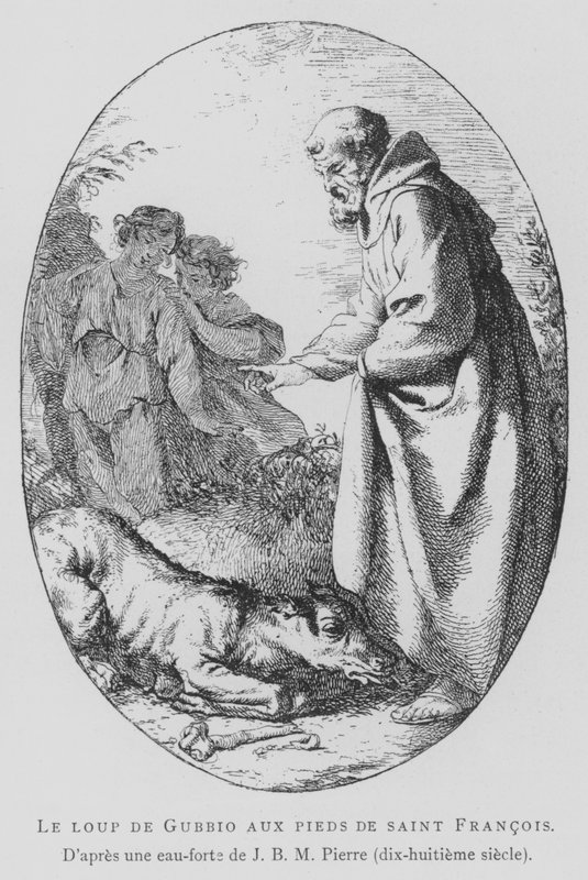 The Wolf of Gubbio at the feet of St Francis of Assisi (litho) 作者 让·巴蒂斯特·玛丽（后）皮埃尔