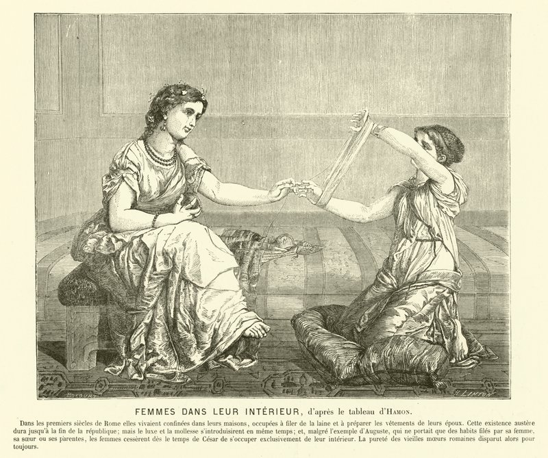 Women spinning wool in a house, ancient Rome (engraving) 作者 让·路易斯·哈蒙（Jean Louis Hamon）