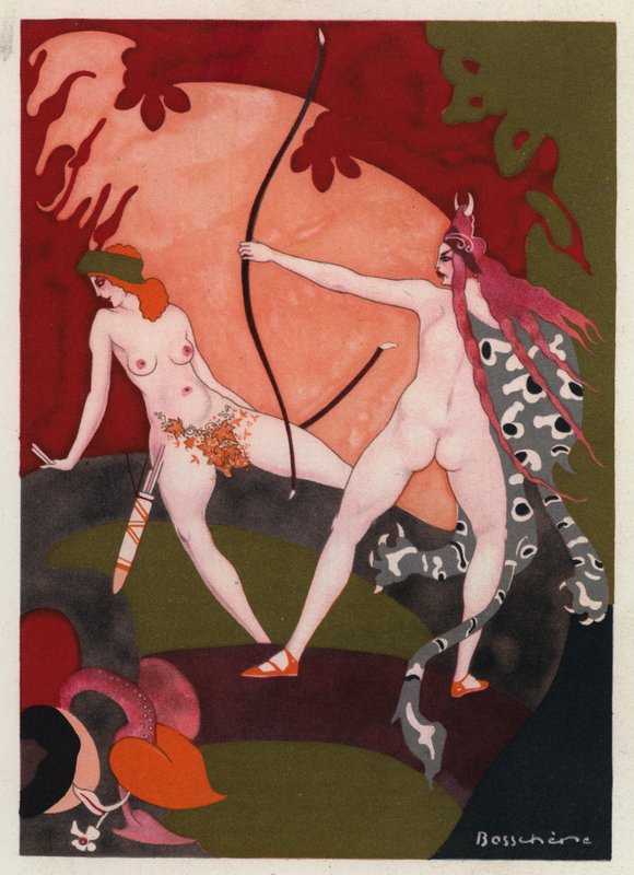 奥维德的爱情书：她在森林中追赶野兽（彩色石版画） 作者 让·德博谢尔