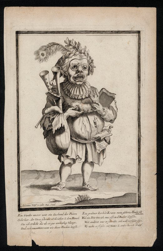 男子手持风笛，头戴孔雀羽毛头饰，超现实主义服装印花，c1700（雕刻） 作者 耶利米斯·沃尔夫（Jeremias Wolff）