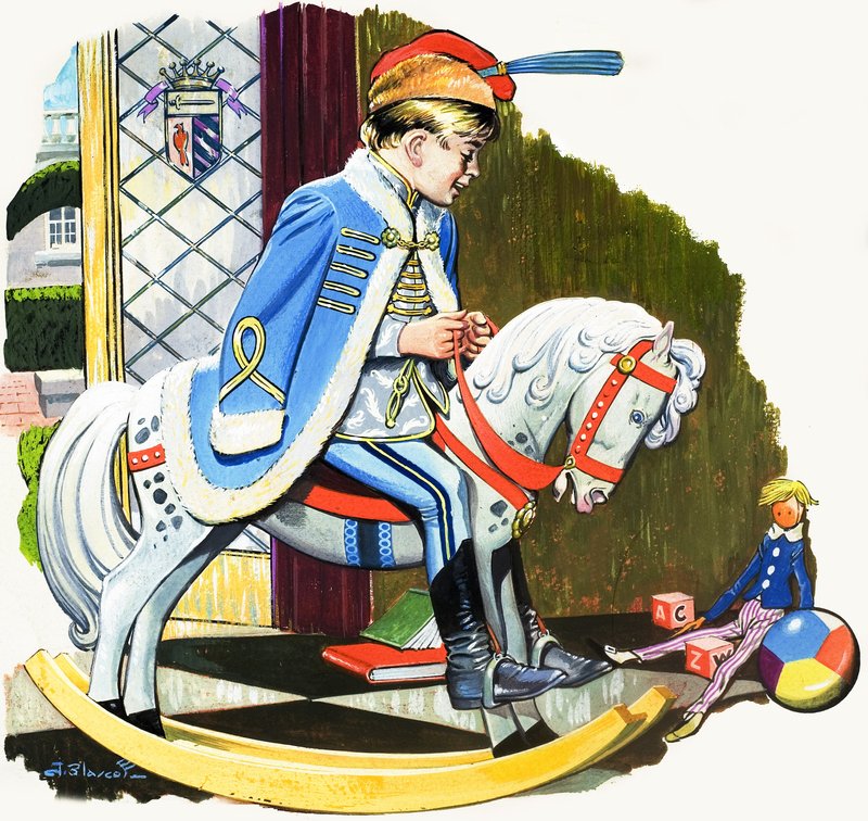 骑摇摆木马的男孩，选自《泰迪熊》的插图（纸上水粉画） 作者 赫苏斯·布拉斯科