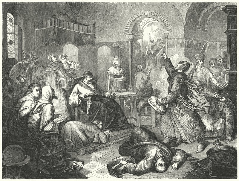 一位芬兰巫师预言伊凡雷帝即将死亡（雕版画）。 作者 约翰·卡尔·贝尔