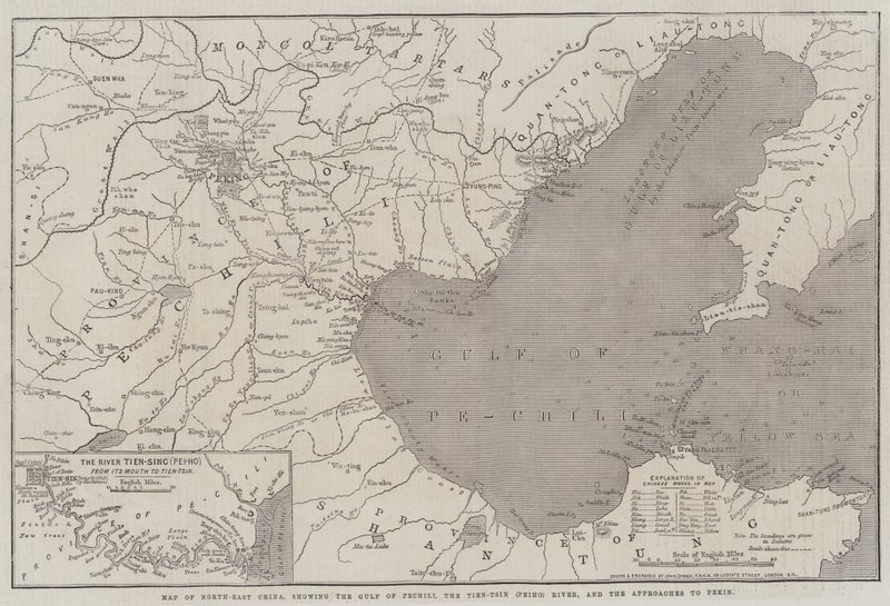 中国东北地图，显示了Pechili海湾，Tien-Tsin（Peiho）河以及Pekin的方法 作者 约翰·道尔