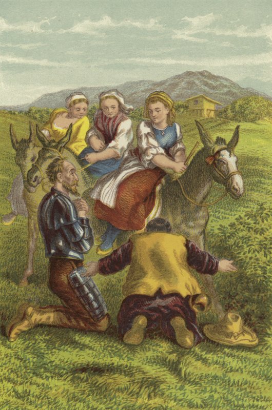 唐吉诃德，桑乔和乡村女孩（chromolitho） 作者 约翰·吉尔伯特