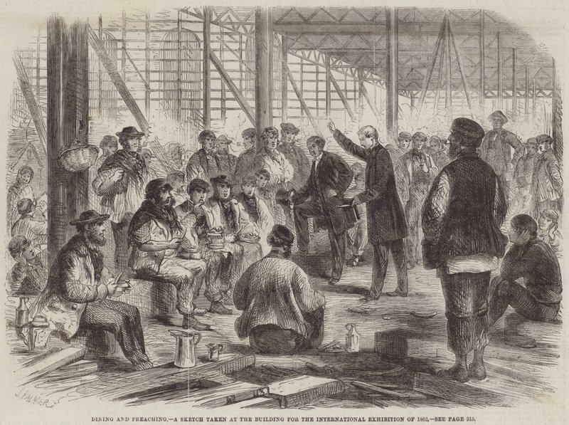 餐饮和讲道，1862年国际展览大楼的素描 作者 约翰·帕尔默