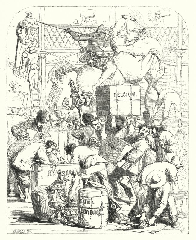 1851年万国博览会展出商品到货，伦敦海德公园水晶宫（雕刻） 作者 约翰（后）吉尔伯特