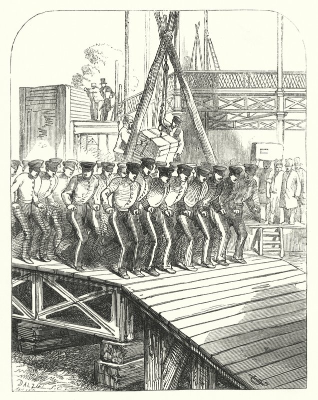 在伦敦海德公园的水晶宫工地上工作的工匠和矿工，1851年大展的举办地（雕刻）。 作者 约翰（后）吉尔伯特