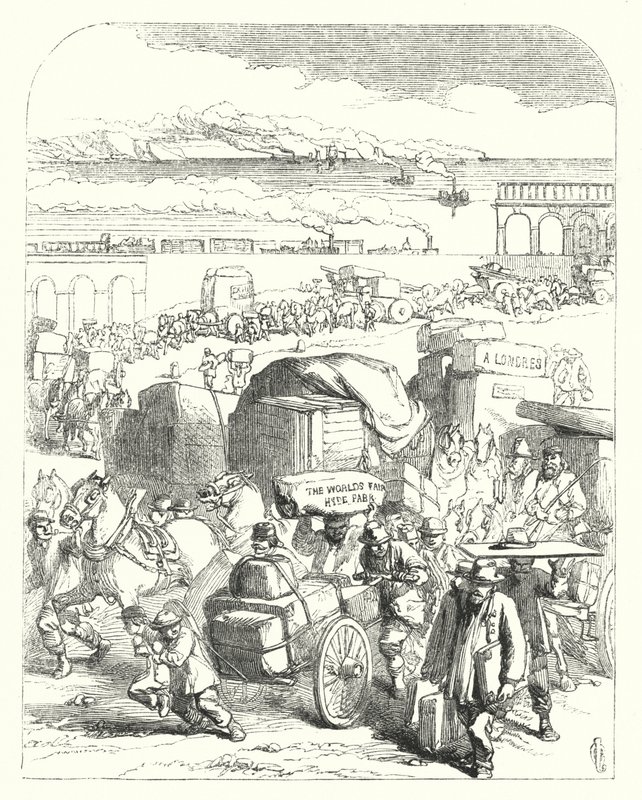为1851年大展带来游客的船只和火车，水晶宫，海德公园，伦敦（雕刻）。 作者 约翰（后）吉尔伯特