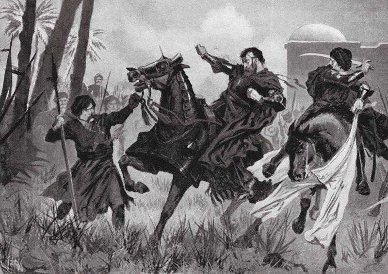 塞巴斯蒂安一世在阿尔卡萨之战中的战败和死亡（石版画） 作者 约翰哈里斯瓦尔达
