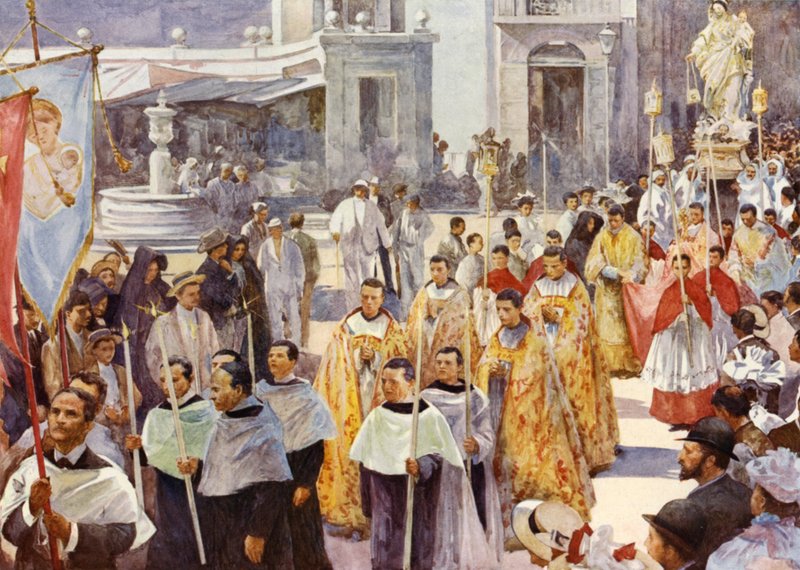 A Roman Catholic procession (colour litho) 作者 约翰·亨利·弗雷德里克（以下）培根