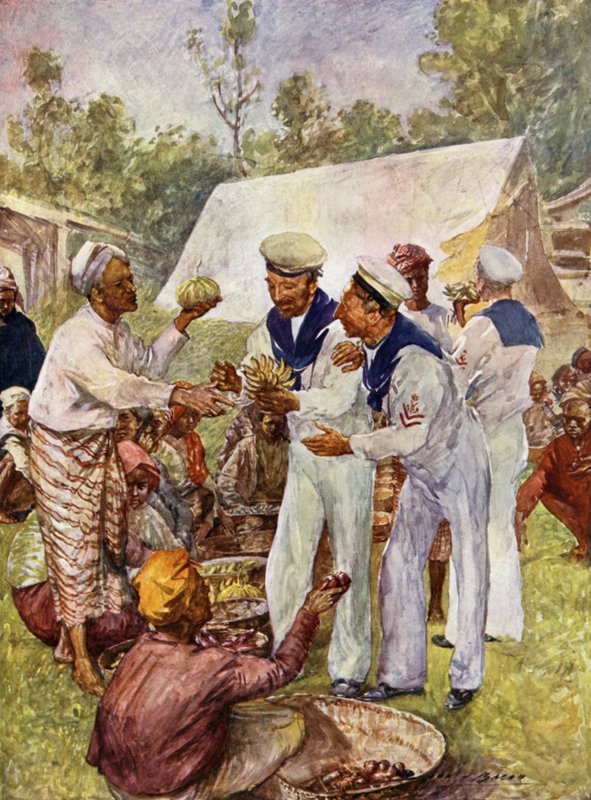 British jack tars in a Burmese market (colour litho) 作者 约翰·亨利·弗雷德里克（以下）培根