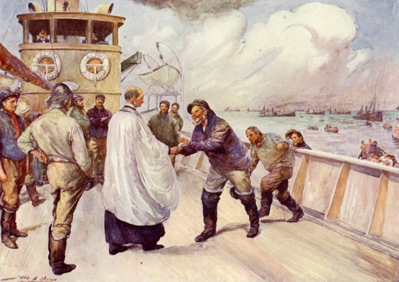 Fishermen of the North Sea fishing fleet assembling for worship (colour litho) 作者 约翰·亨利·弗雷德里克（以下）培根