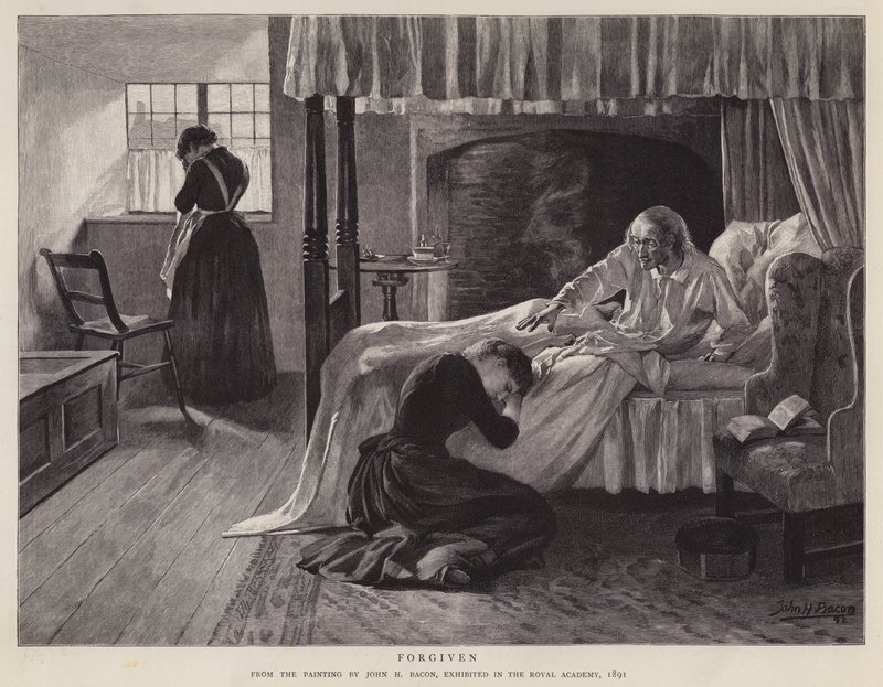 宽恕，约翰·H·培根 (John H Bacon) 的画作于 1891 年在皇家学院展出（石版画） 作者 约翰·亨利·弗雷德里克（以下）培根