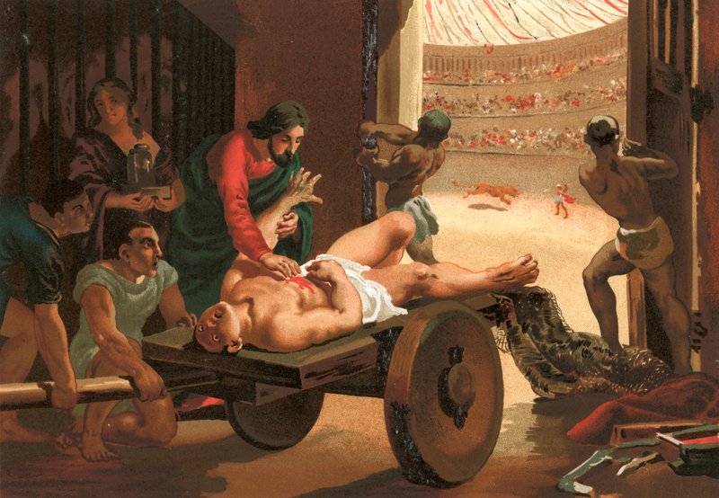 盖伦协助一名角斗士，在贝加莫马戏团受伤 作者 Josep或Jose Planella Coromina