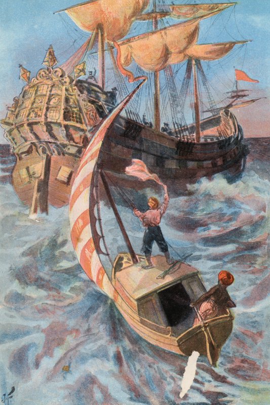 鲁滨逊漂流记：我被一艘葡萄牙船救起（彩色石版画） 作者 约瑟夫·芬内莫尔（后）