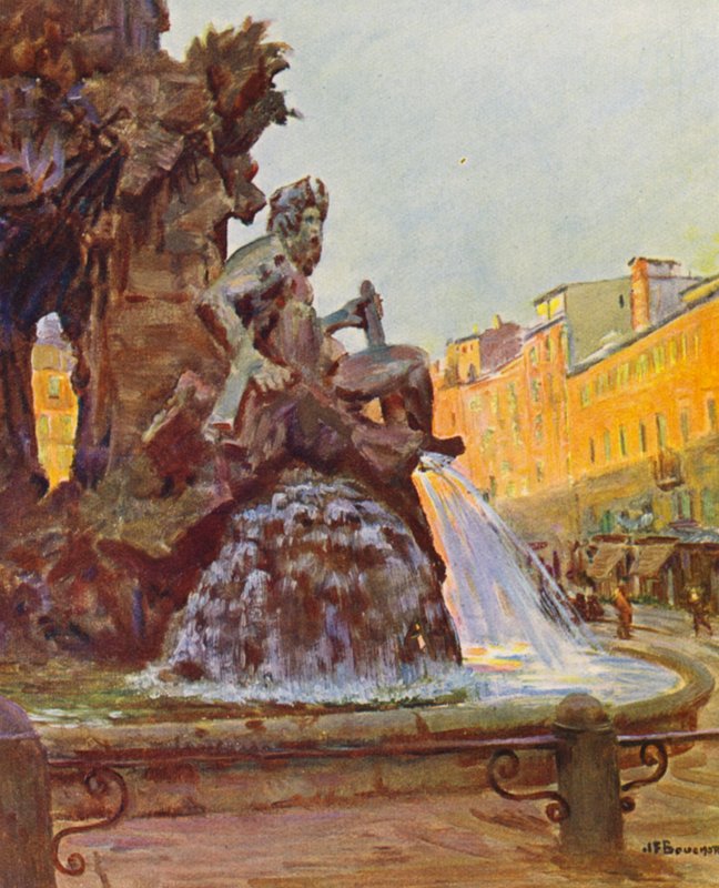 罗马：纳沃纳广场，贝尔尼尼喷泉（彩色石版画） 作者 约瑟夫·费利克斯·布库