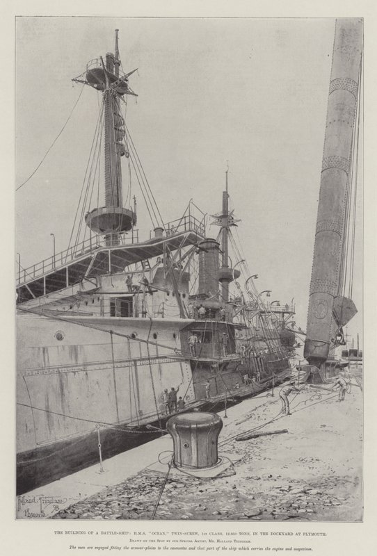 在普利茅斯的造船厂建造战舰，HMS海洋，双螺杆，头等舱，12,950吨 作者 约瑟夫·霍兰·特林厄姆